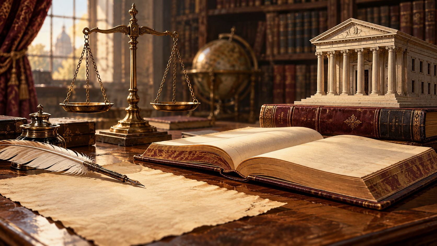Conceptual illustration of an open legal book, parchment, quill, brass scales and a miniature classical bank facade.
