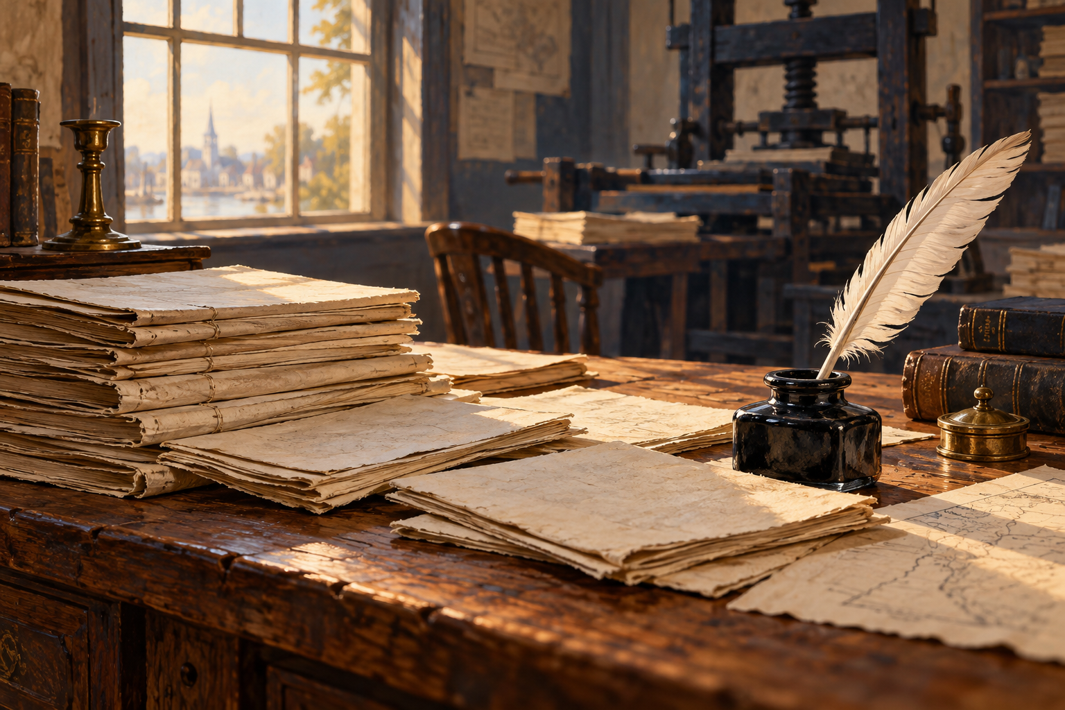 AI-generated illustration of pamphlets, a quill and inkpot on a wooden desk, with a printing press in the background.