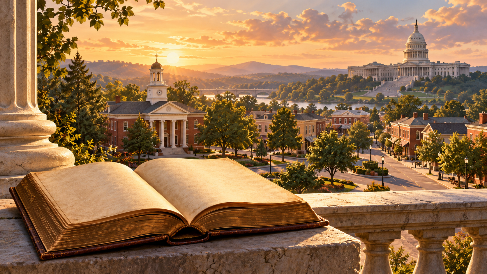 Conceptual illustration of an antique law book overlooking a local town hall and a distant national civic building.