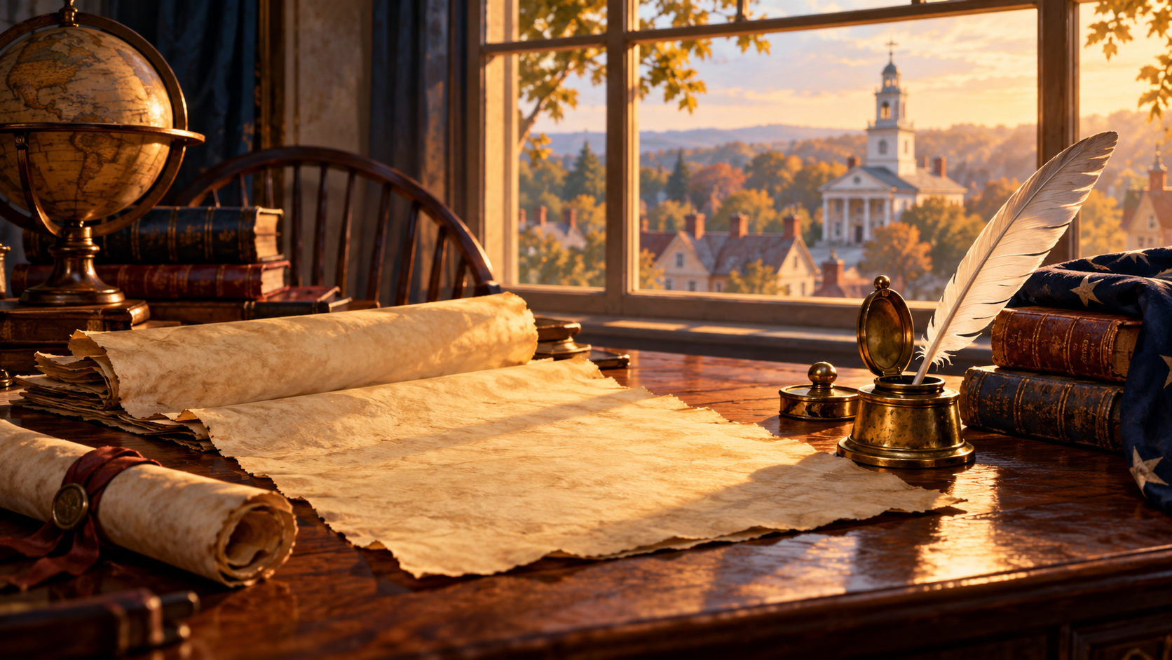 Conceptual historical illustration of parchment documents, books and a quill on a wooden desk overlooking a town.