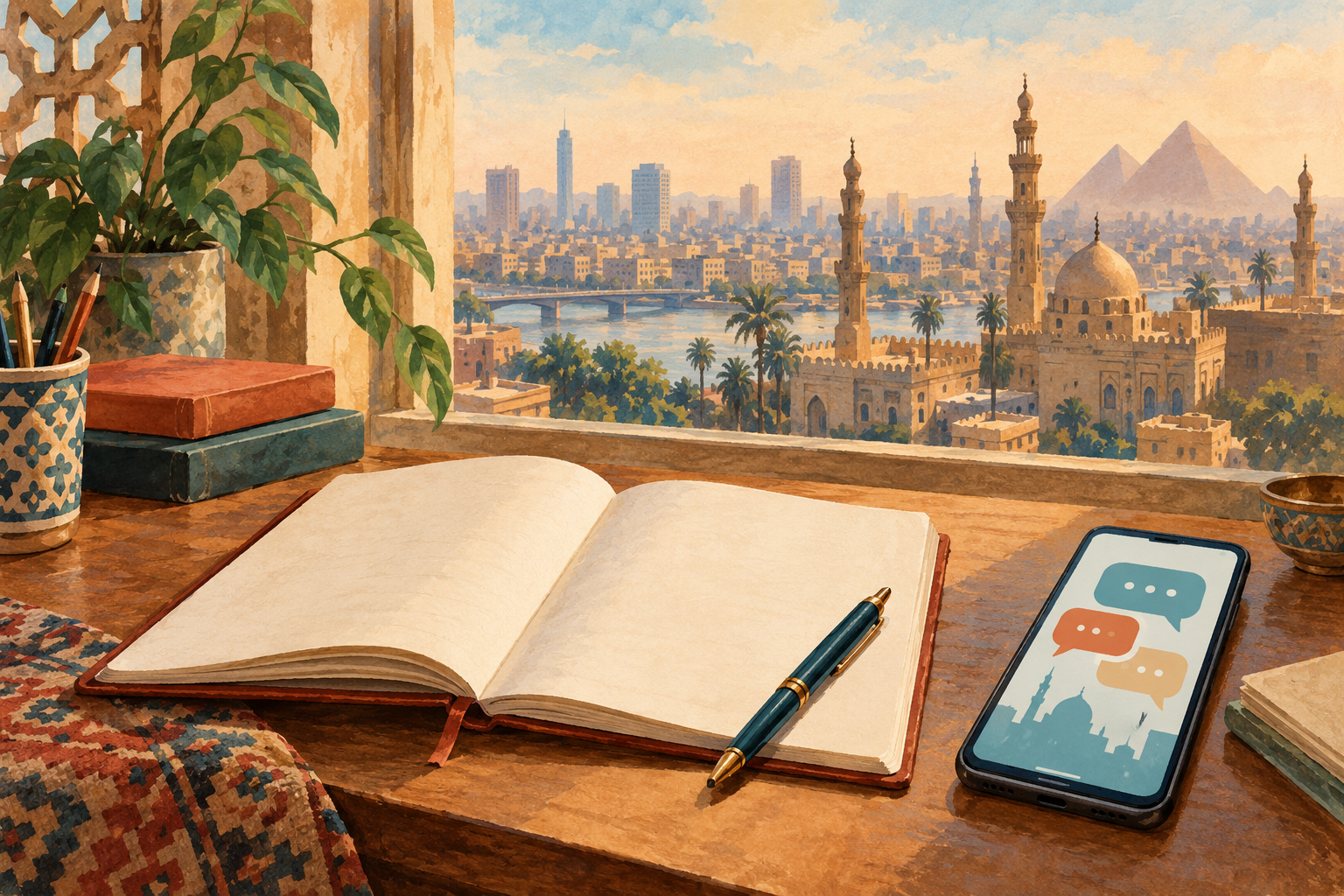 AI-generated painting of a blank notebook, pen and smartphone with speech bubbles beside a window overlooking an imagined Cairo skyline.