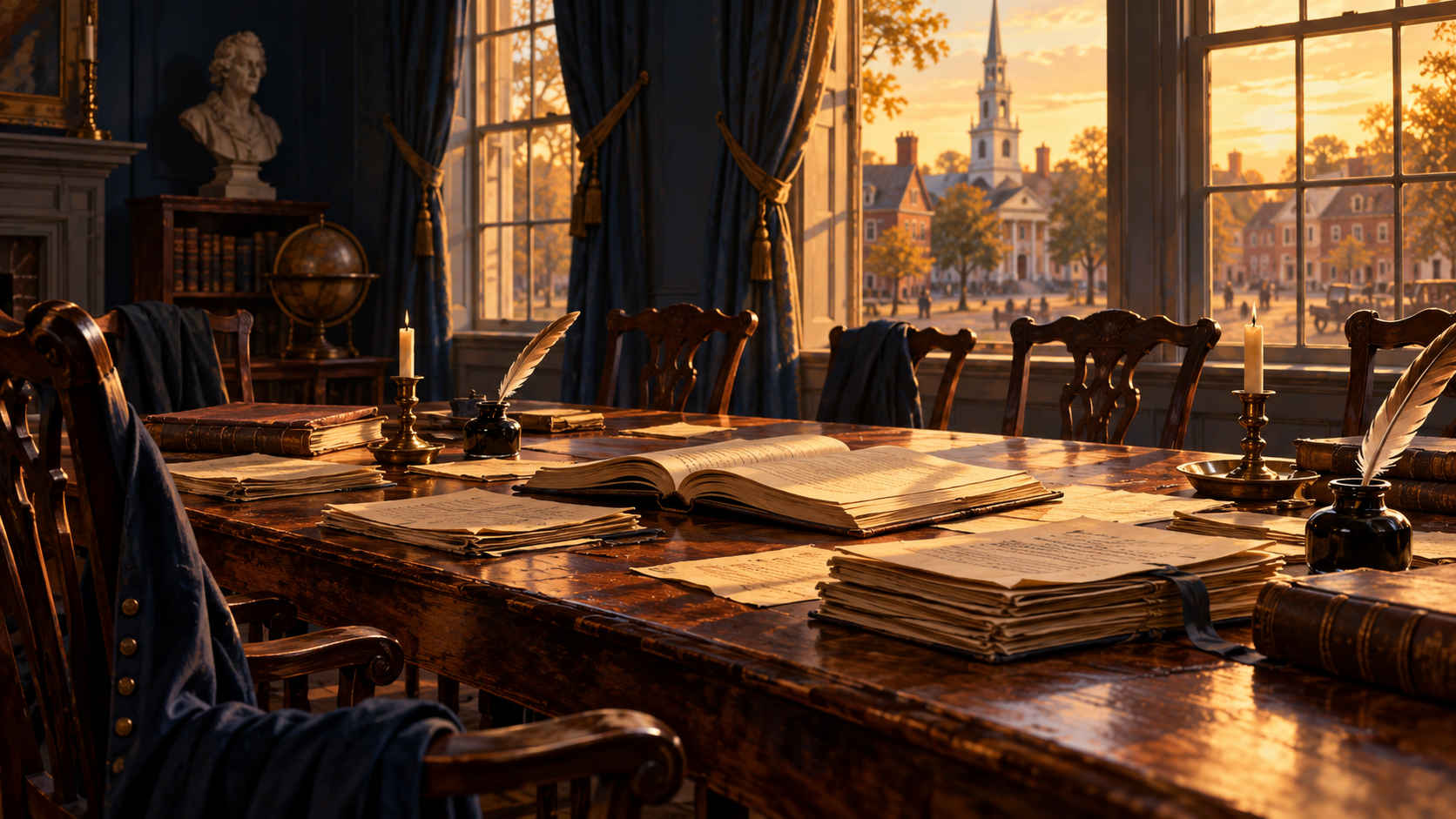 Conceptual illustration of a colonial reading room with pamphlets, books, quills and empty chairs around a table.