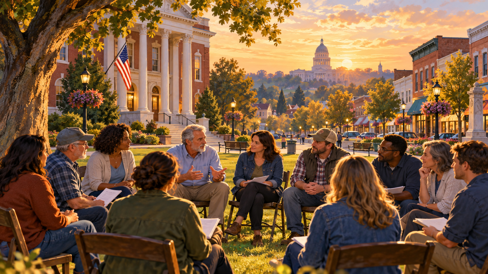 Illustration of neighbors discussing civic matters in a circle on a town green near local civic buildings.