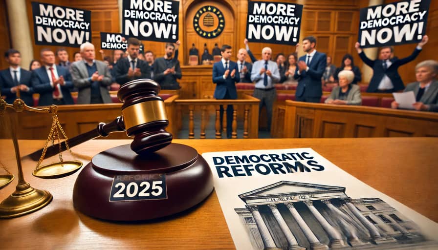 Supplied stylized illustration of a legislative chamber, a judge’s gavel and scales, and demonstrators holding More Democracy Now signs