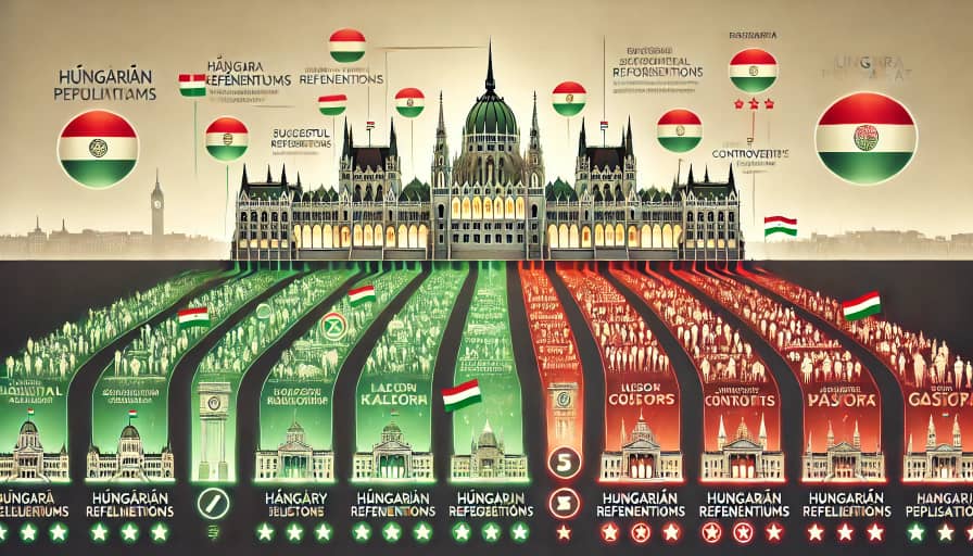 Supplied stylized illustration of the Hungarian Parliament, referendum pathways, crowds, and Hungarian flags
