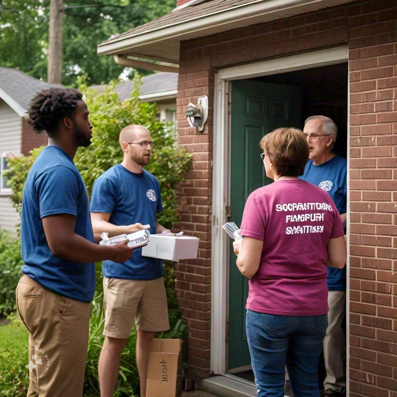 AI-generated illustration of a door-to-door fundraising team speaking with residents