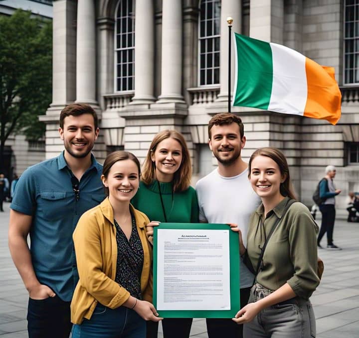 Stylized illustration of a group holding a petition outside a civic building with an Irish flag