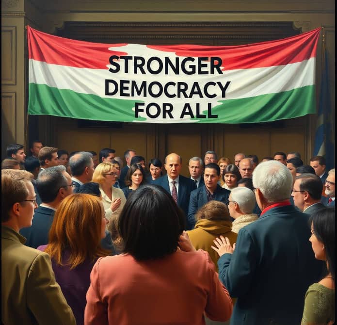 Supplied stylized illustration of a public gathering beneath a Hungarian flag banner reading Stronger Democracy for All